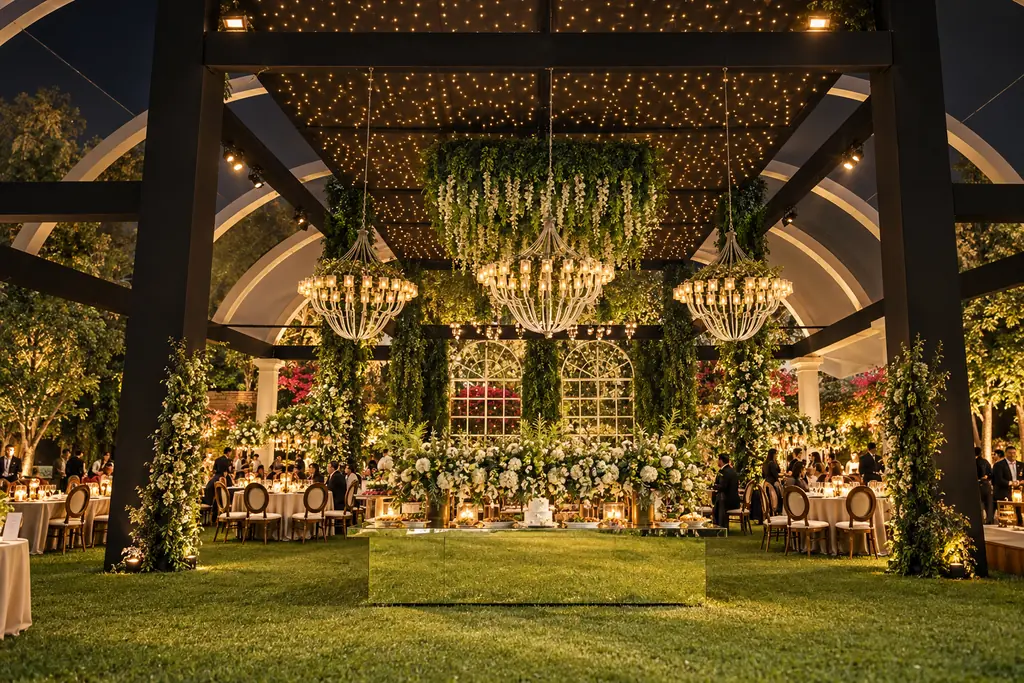 Área de eventos con carpa y lámparas